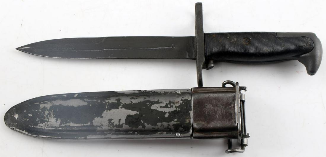 REENACTORS WWII US ARMY M1 GARAND BAYONET: Well constructed reenactor's M1 bayonet. Measures 11.25 inches in length with just over a 6.5 inch blade. Freshly painted and in good condition. Some wear and paint loss present. Includes scabbard.