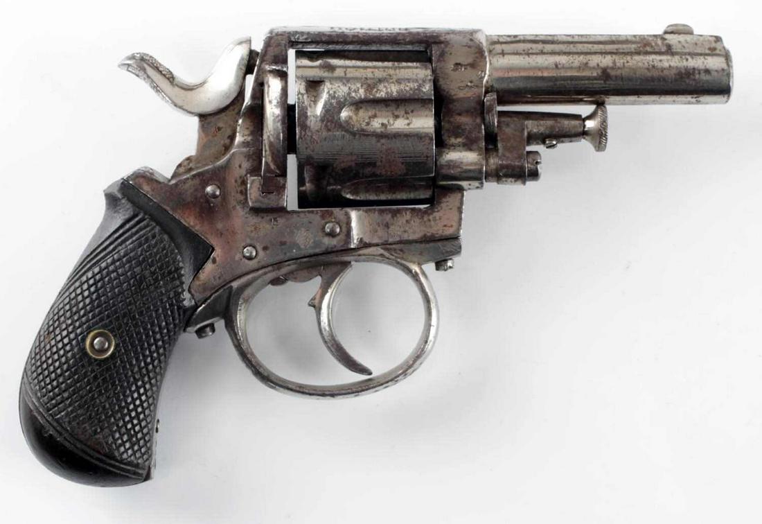BELGIAN BRITISH BULLDOG 6 SHOT REVOLVER .32 CF: Nickel finish has scattered patina and rough areas, British Bulldog marked to top of frame, checkered wood grips, ELG mark to rear face of cylinder, other inspector marks, number 5 marked to right sid