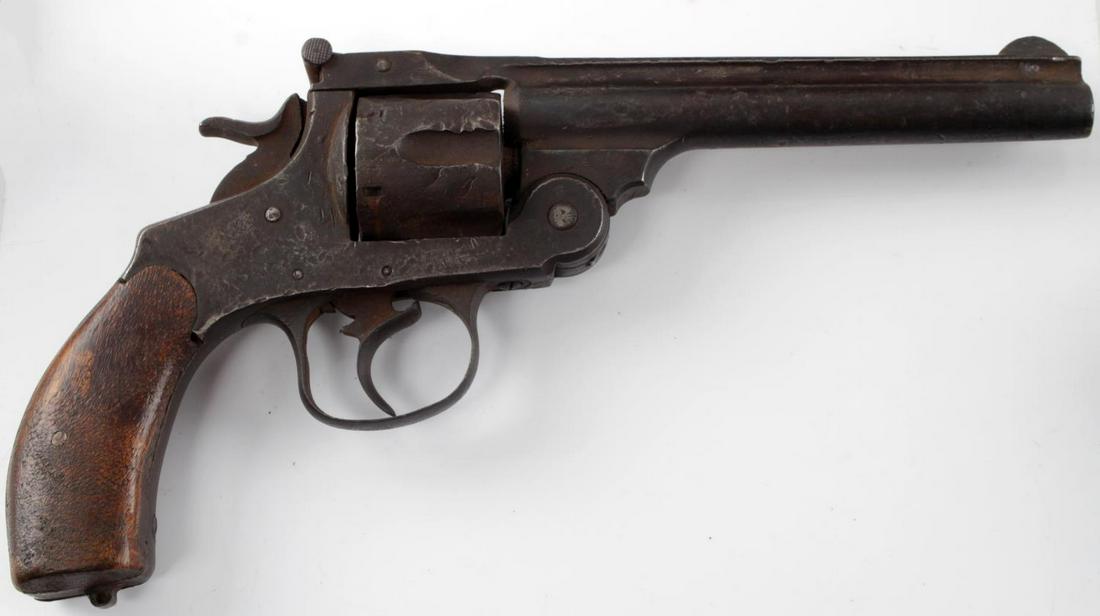 BELGIAN SMITH & WESSON NO 3 .44 REVOLVER: Belgian copy of the Smith and Wesson No. 3 revolver. .44 caliber, 6 shot cylinder with a 6 inch barrel. Fair condition overall. Heavy pitting and surface rust present. Does not function mechanically a
