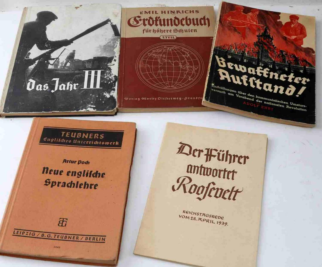 WWII GERMAN THIRD REICH BOOK LOT OF 5: This lot includes 5 NSDAP period books including Der Fuhrer antwortet Roosevelt, Erdkundebuch für höhere Schulen (school science book,) Bewaffneter Aufstand!" and more. Good condition overall. Some
