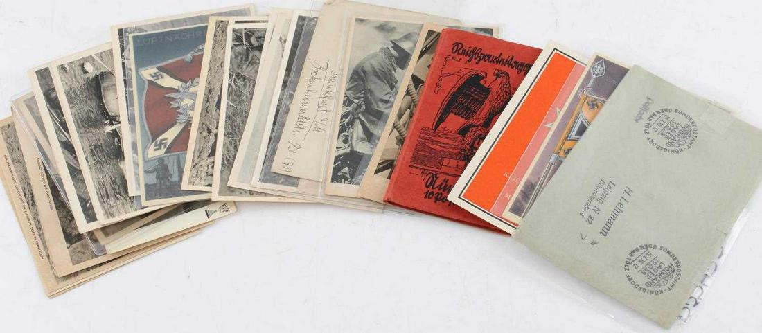 WWII GERMAN THIRD REICH POST CARD LOT OF 32: This lot includes 32 WWII era German postcards. Includes many images of combat, soldiers, propaganda illustrations, and more. Many have writing on their backs and are stamped. Very good condition over