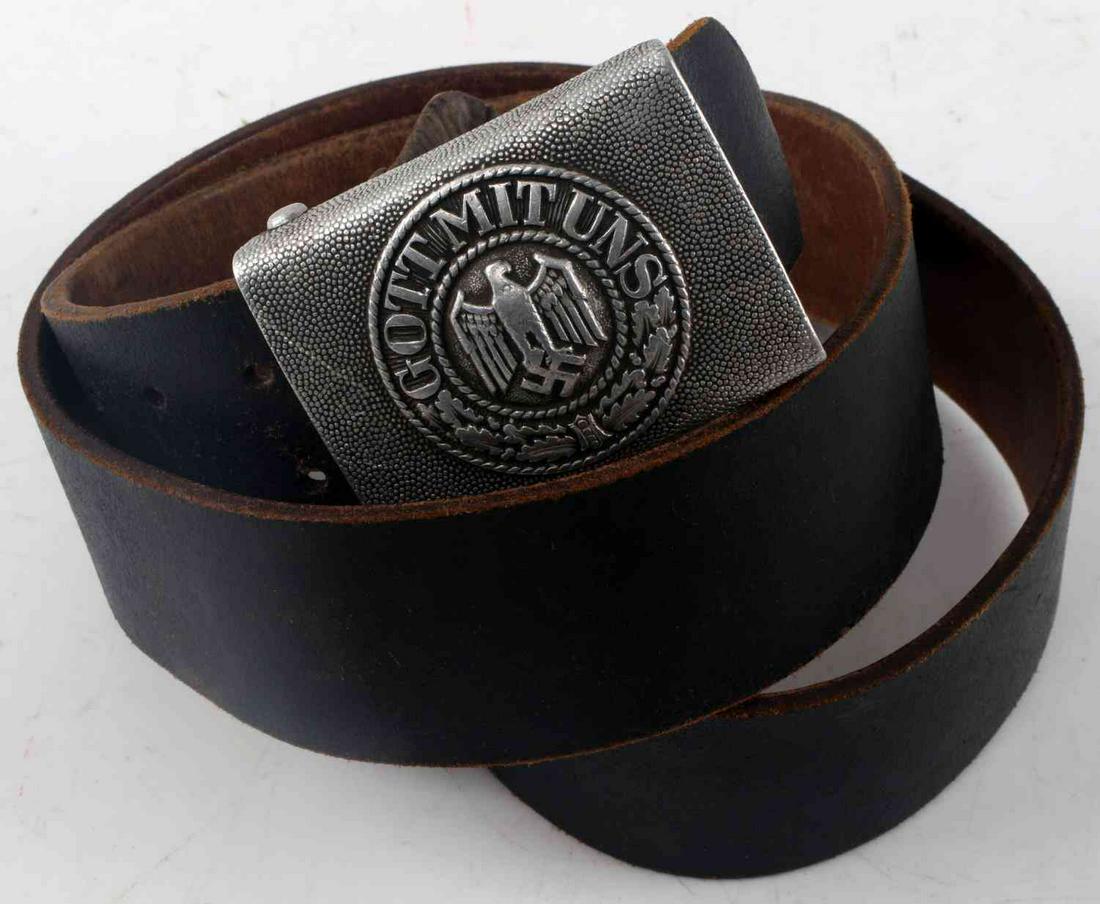WWII GERMAN THIRD REICH BELT AND BUCKLE: Buckle is unmarked, belt is stamped 0/0676 0039 100, closed measures 28 inches.