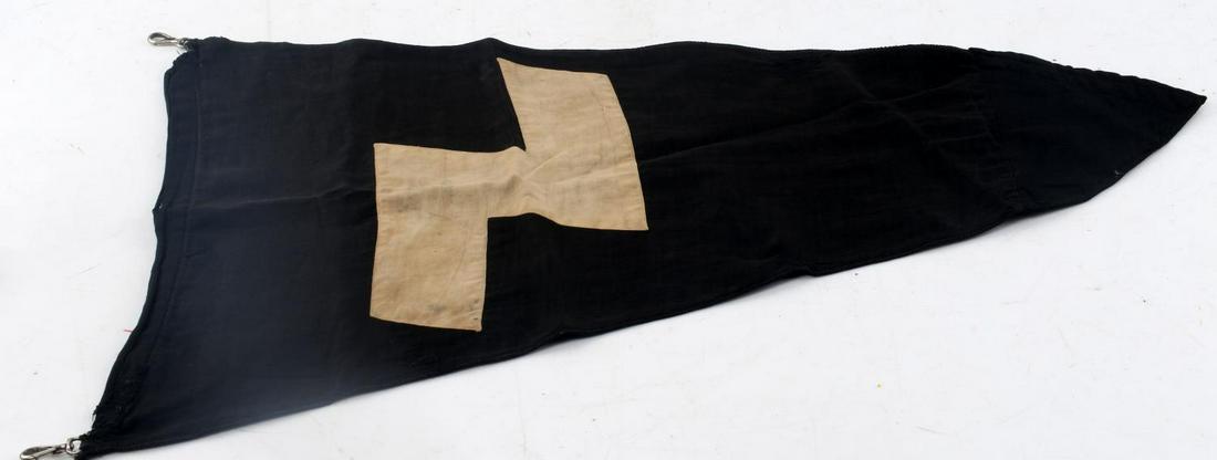 WWII GERMAN THIRD REICH DJ PENNANT FLAG: Pennant flag of the Deutsches Jungvolk. Single-sided two-piece construction. In very good conditon. Does not fluoresce under blacklight. Measures 22.5 by 14.5 inches.