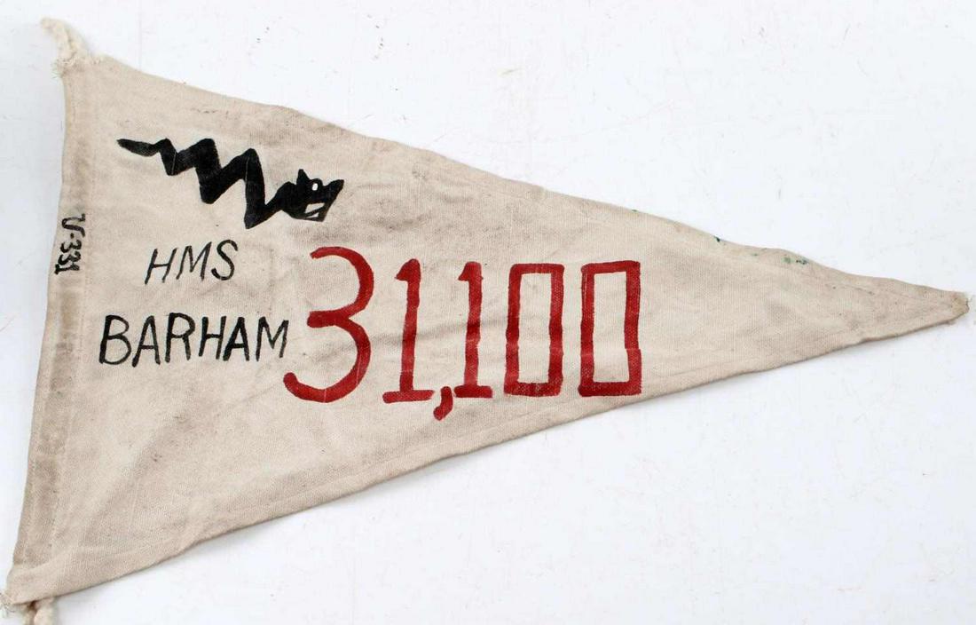 WWII GERMAN U BOAT 331 HMS BARHAM SINKING PENNANT: U-331 sinking of HMS Barham pennant. Cloth construction with braided hoist. Measures just under 19.5 inches long. Good condition overall. Some staining and wear present. Unauthenticated; sold as is.