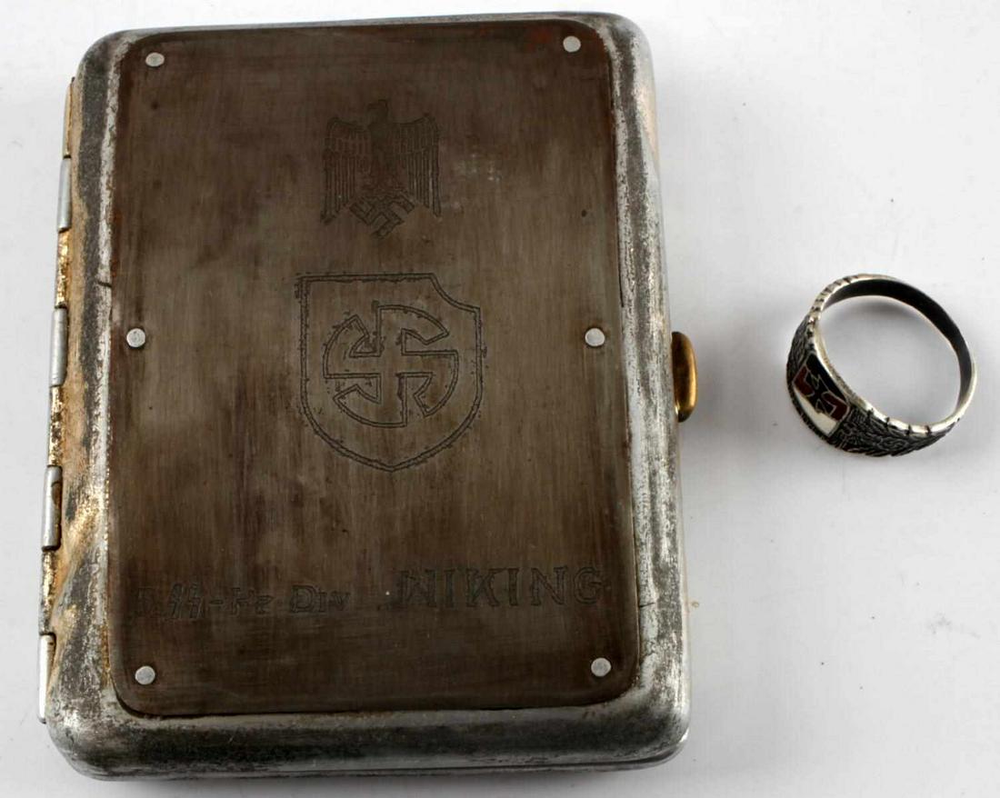 WWII GERMAN SS CIGARETTE CASE AND HONOR RING LOT: German SS Wiking Division cigarette case and honor ring. Cigarette case is engraved with Reichsadler, swastika, and "5 SS-Pz Div Wiking." Interior is also Waffenampt marked. Ring features Wiking Divis