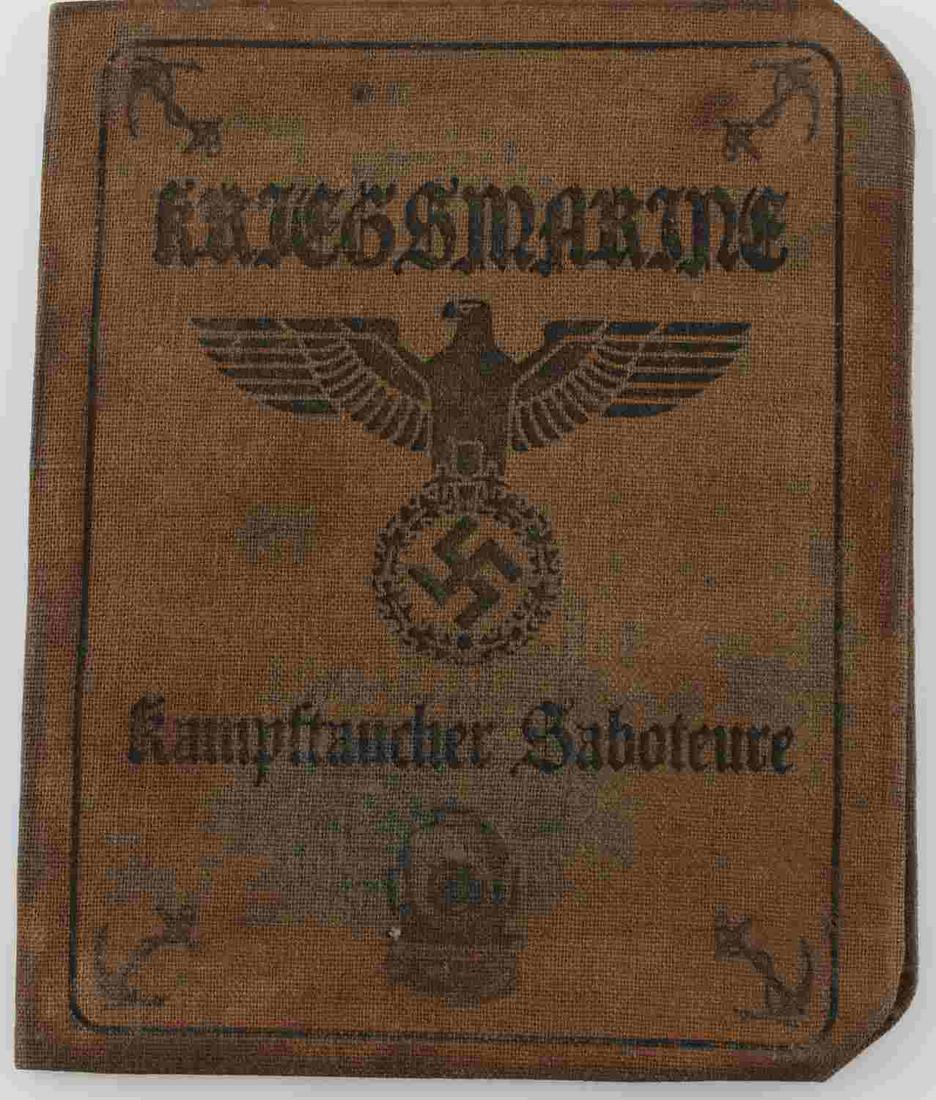 WWII GERMAN KRIEGSMARINE DIVER AUSWEIS ID: Kriegsmarine Diver ID document with photo. Measures 5 X 4 inches. Good condition. Unauthenticated, sold as is. This lot has a reserve.