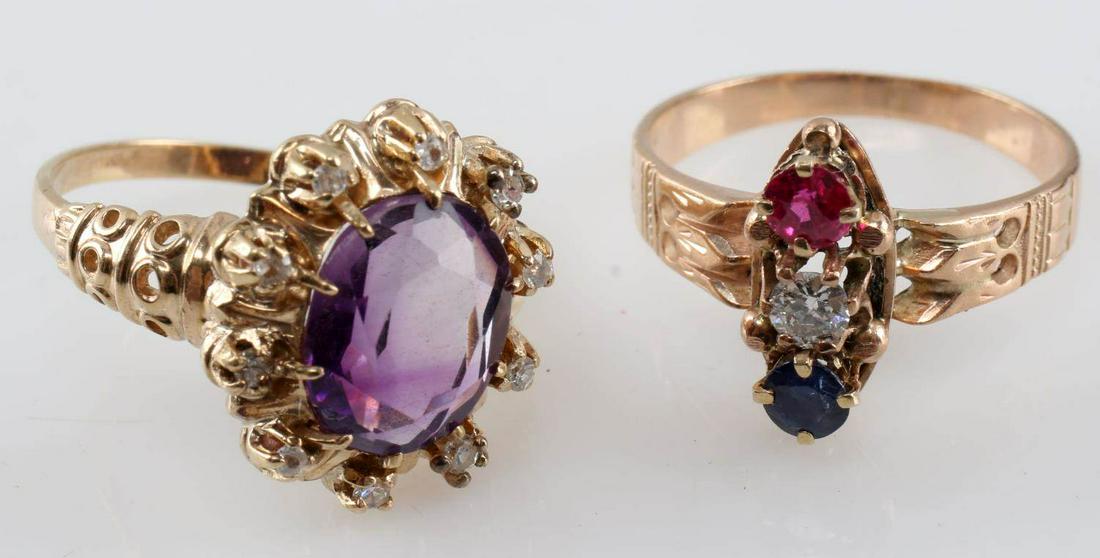 LOT TWO 10K VINTAGE ESTATE WOMENS RINGS DIAMOND: One amethyst and diamond ring. Oval cut amethyst measures 10 mm by 8 mm. Surrounded by 10 one point diamonds. Stones are eye clean. Size 7. One ring with stacked tourmaline, diamond and sapphire. Each