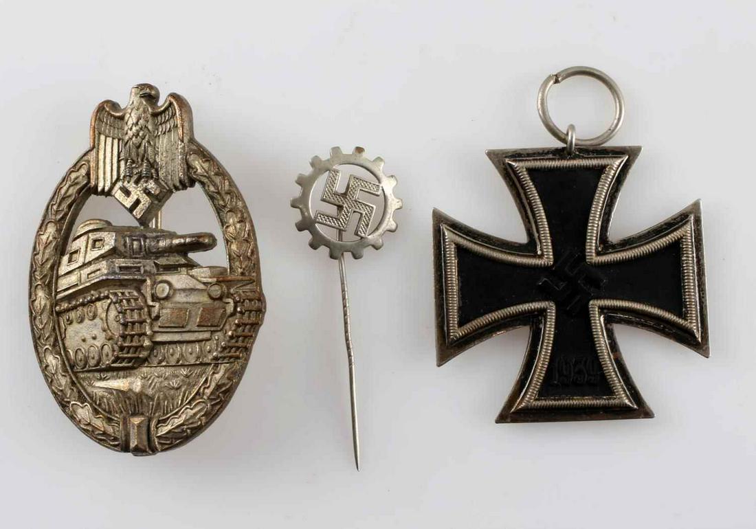 WWII GERMAN THIRD REICH IRON CROSS PANZER LABOR: Include Iron Cross second class with LDO stamp T7 T7 on suspension ring, Panzer Assault badge with 80 degree lie straight pin to a point, no makers mark, very good, lastly labor stick pin. Unauthentic