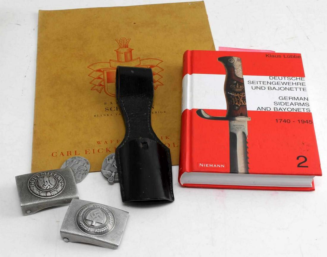 WWII GERMAN THIRD REICH BUCKLES FROG BOOK: Includes RAD buckle unmarked, Heer buckle with maker mark reverse, unissued bayonet frog makers tag Leir on reverse, second volume German Sidearms and bayonets Klais Lubbe, and Eickhorn WWII sword and