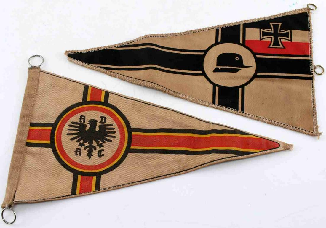 WWII GERMAN THIRD REICH PENNANT FLAG LOT OF 2: This lot includes 1 German ADAC automobile association pennant and 1 Weimar - WWII era Stahlhelm veterans association pennant. Both are in good condition and are roughly 13 inches long. Some staining 