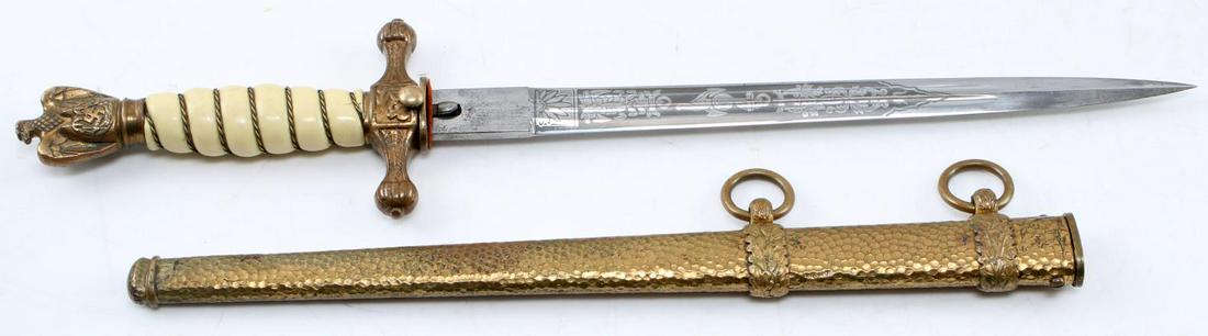 WWII GERMAN THIRD REICH KRIEGSMARINE DAGGER: German Kriegsmarine dagger. Has a WKC maker mark on the ricasso opposite the thumb lock. Has bakelite grip with minor cracks. In very good condition overall with minor wear spots and tarnish.