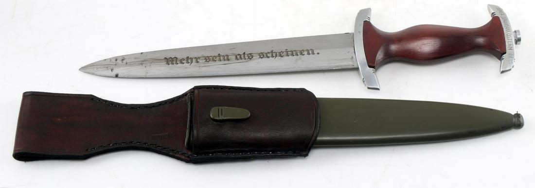 WWII GERMAN THIRD REICH NPEA STUDENTS DAGGER: Early aluminum fittings with top engraved N.P.E.A. Spandau Ostern 1938. Karl Burgsmuller blade. A few dark spots on blade, comes with correct frog. Scabbard may or may not be an old repaint but has we