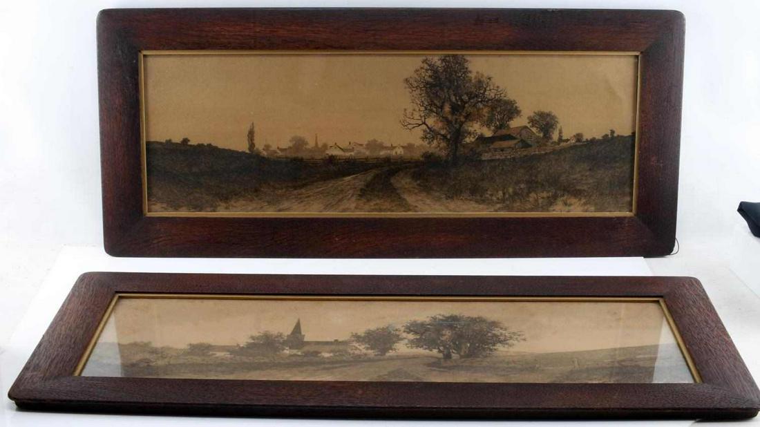 PAIR OF FRAMED ERNEST CHRISTIAN ROST ETCHINGS: Two E.C. Rost etchings showing landscapes with churches and homes. Measures 29.5 inches by 9.5 inches sight and 35 inches by 15.25 inches framed. Signed on the plate "E.C. Rost" at bottom left corners
