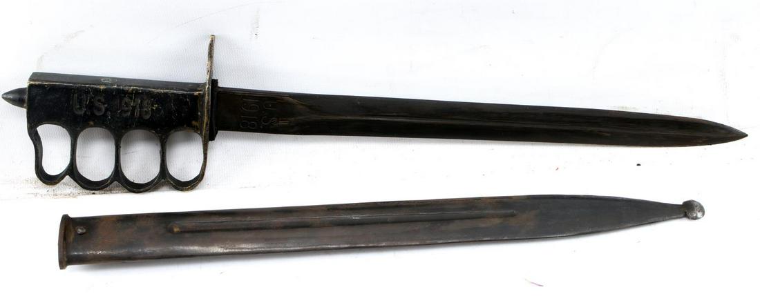 WWI US MODIFIED TRENCH BAYONET MARK 1918 12 INCH: WWI era US military modified trench bayonet. The blade and hilt are marked 1918, knuckle guard is filed. 12 inch blade. Very good condition, just slight wear and the modifications themselves. Unauthen