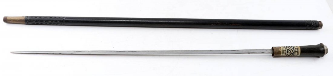 ANTIQUE BRITISH OFFICER BONE INLAY SWORD CANE: Made in India for British officers. Appears to have age but may be more recent, cane measures overall 36 inches, blade and handle 29 inches, very good condition.