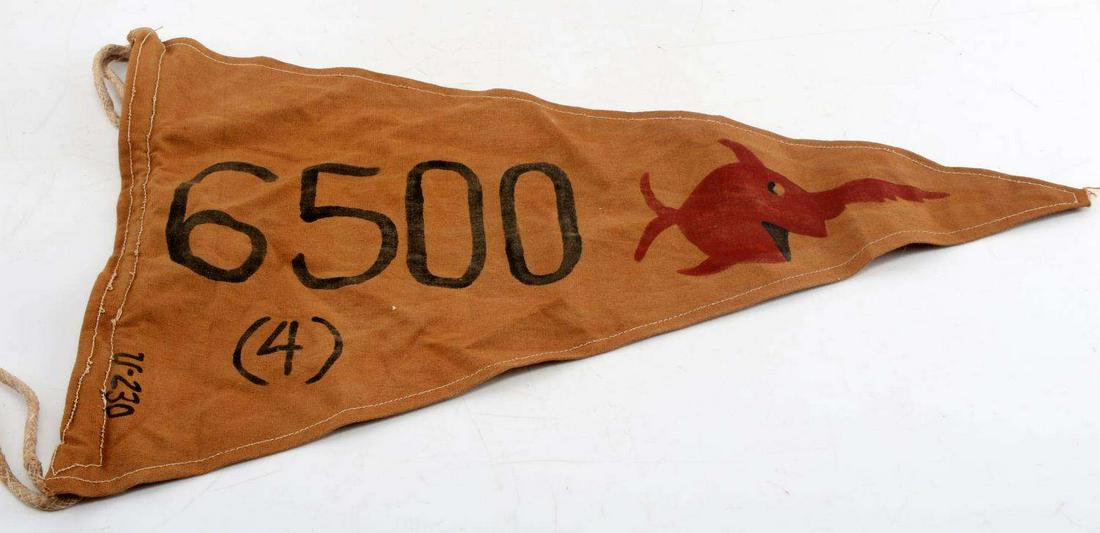 GERMAN WWII THIRD REICH U BOAT TONNAGE PENNANT: Cloth construction with braided hoist. Measures just under 19.75 inches long. Good condition overall. Some staining and wear present. Reproduction.