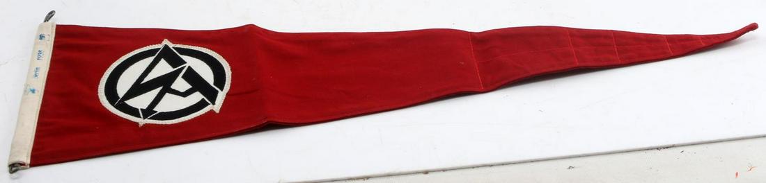 WWII GERMAN THIRD REICH SA PENNANT FLAG: German SA Sturmabteilung pennant. Double sided stitched SA runes with reinforcement panel to prevent fraying. In excellent condition. Marked with Reichsadler and "Berlin 1936" on its hoist. Unauthenti