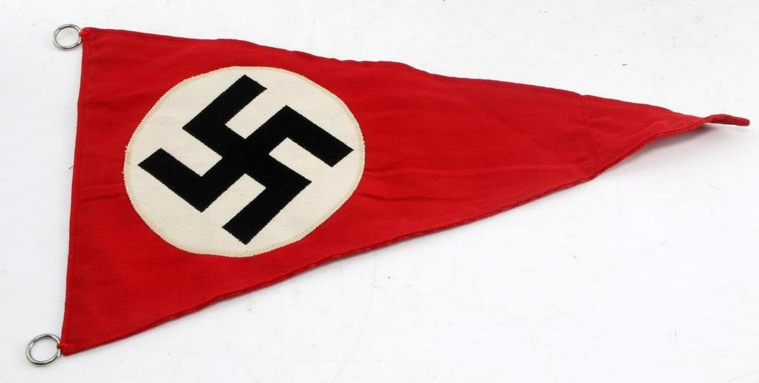 WWII GERMAN THIRD REICH NSDAP PENNANT FLAG: German NSDAP party pennant. Double sided sewn swastikas with reinforcement panel to prevent fraying. Unmarked and in very good condition. Unauthenticated; sold as is. This lot has a reserve.