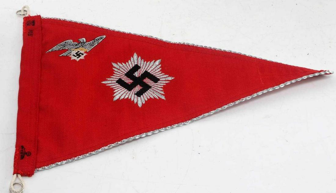 WWII GERMAN RLB REICHSLUFTSCHUTZBUND PENNANT FLAG: German Reichsluftschutzbund (RLB) auto pennant. Double sided silver bullion wire sunburst swastika and Reichsadler. Has silver bullion wire piping and a reinforcement panel. Marked with Reichsadler, "