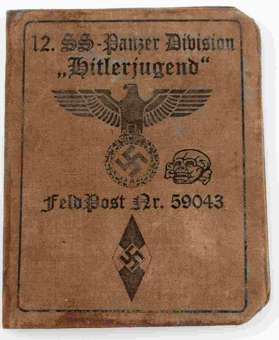 WWII GERMAN THIRD REICH SS HITLERJUGEND AUSWEIS ID: 12th SS Panzer Division Hitlerjugend Ausweis. Interior is NSDAP stamped and includes a photograph of the young soldier. In very good condition with some foxing and wear present. Unauthenticated; sold 