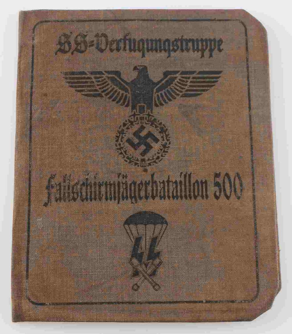 WWII GERMAN THIRD REICH SS PARATROOPER AUSWEIS: Ausweis ID book of an SS paratrooper for the SS-Fallschirmjaegerbataillon 500. In very good condition. Unauthenticated/Sold 'as is'. This lot has a reserve.