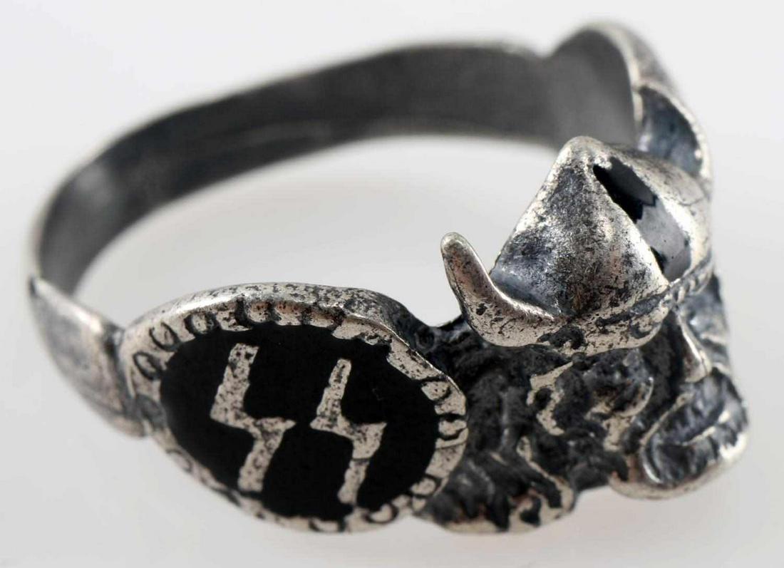 WWII GERMAN 3RD REICH WAFFEN SS VIKING SILVER RING: WWII German Waffen SS Viking division silver ring. Tested as silver. Size 10.5. 7 grams. Very good condition. Unauthenticated, sold as is. This lot has a reserve.
