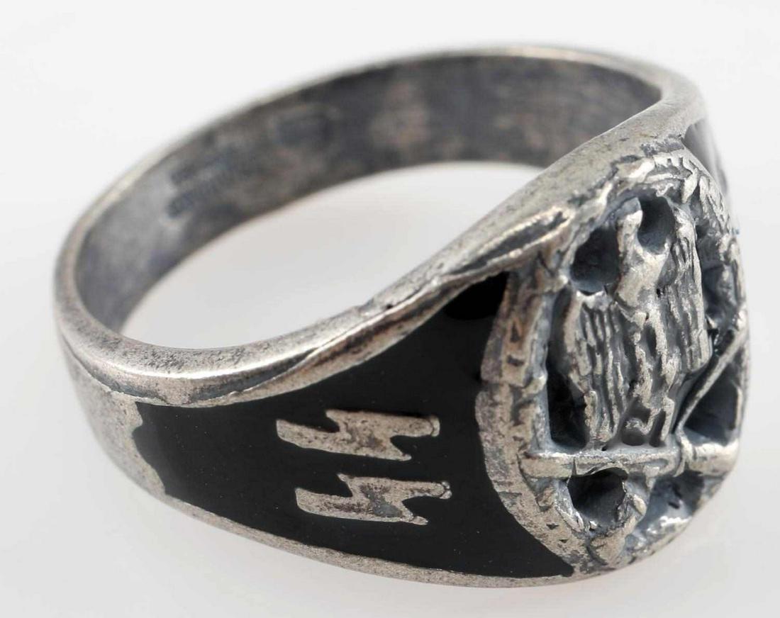 WWII GERMAN 3RD REICH WAFFEN SS ASSAULT RING .800: WWII German Third Reich Waffen SS general assault ring. Tested for silver, marked 800. 7 grams. Size 11. Very good condition. Unauthenticated, sold as is. This lot has a reserve.