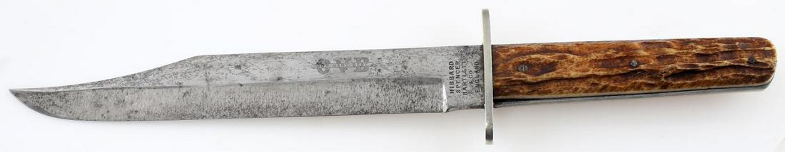 VINTAGE HIBBARD SPENCER BARTLETT 7INCH BOWIE KNIFE: Vintage Hibbard Spencer Bartlett 7 inch bowie knife. Stag handle. Branding very visible. Light patina on blade, very good condition. 330