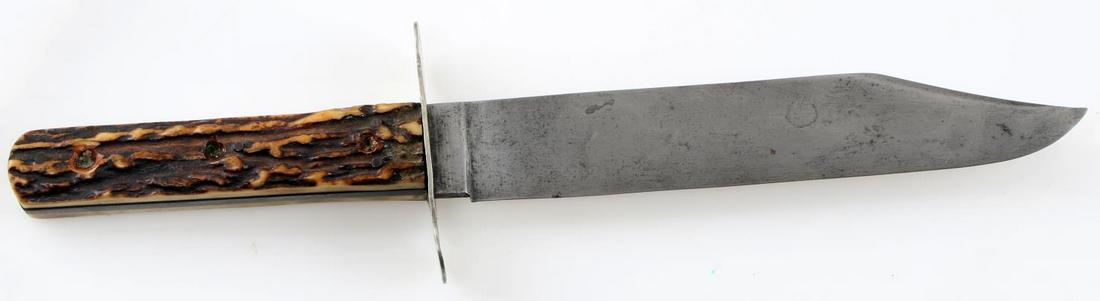 RARE THOMAS TURNER SHEFFIELD BOWIE KNIFE 7 INCH: Very Rare Thomas Turner Sheffield Bowie knife. 7 inch blade. Stag handle. Branding and warranty still visible. Very good condition with only light patina. 632