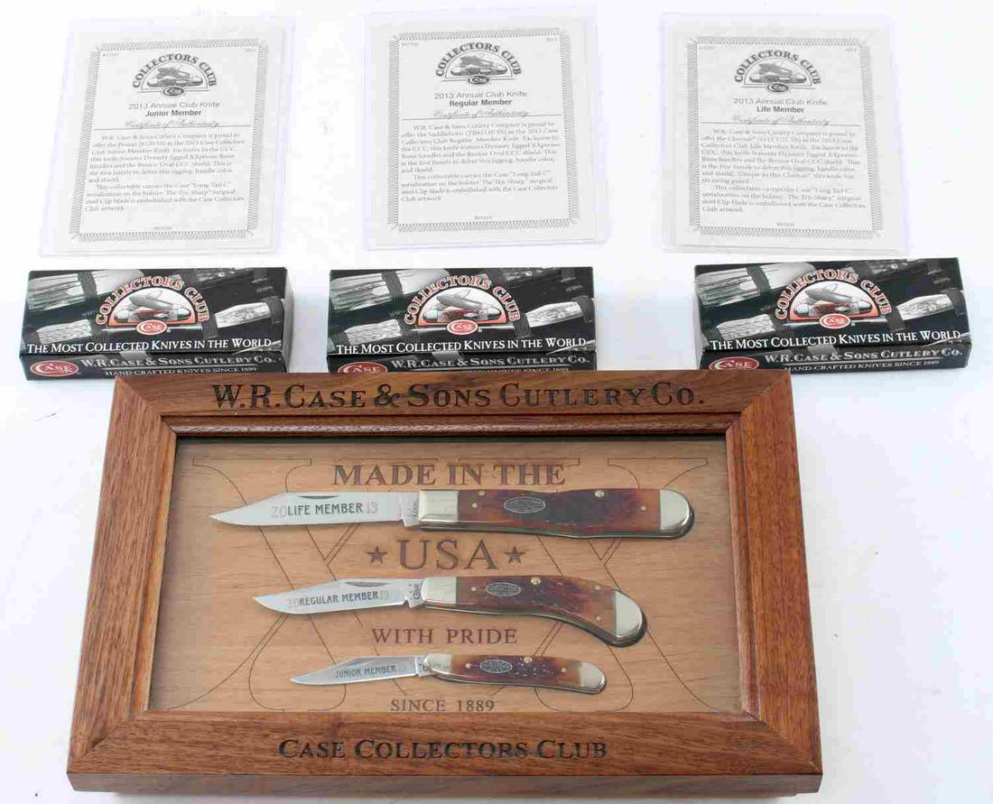 CASE COLLECTORS LIFE MEMBER 2013 3 KNIFE W DISPLAY: Case Collectors Club Lifetime Member 2013 3 pocket knives and display case, also includes original boxes for the knives. Also includes COA for each knife. Lot includes Dynasty Jigged XXpresso Bone Pea