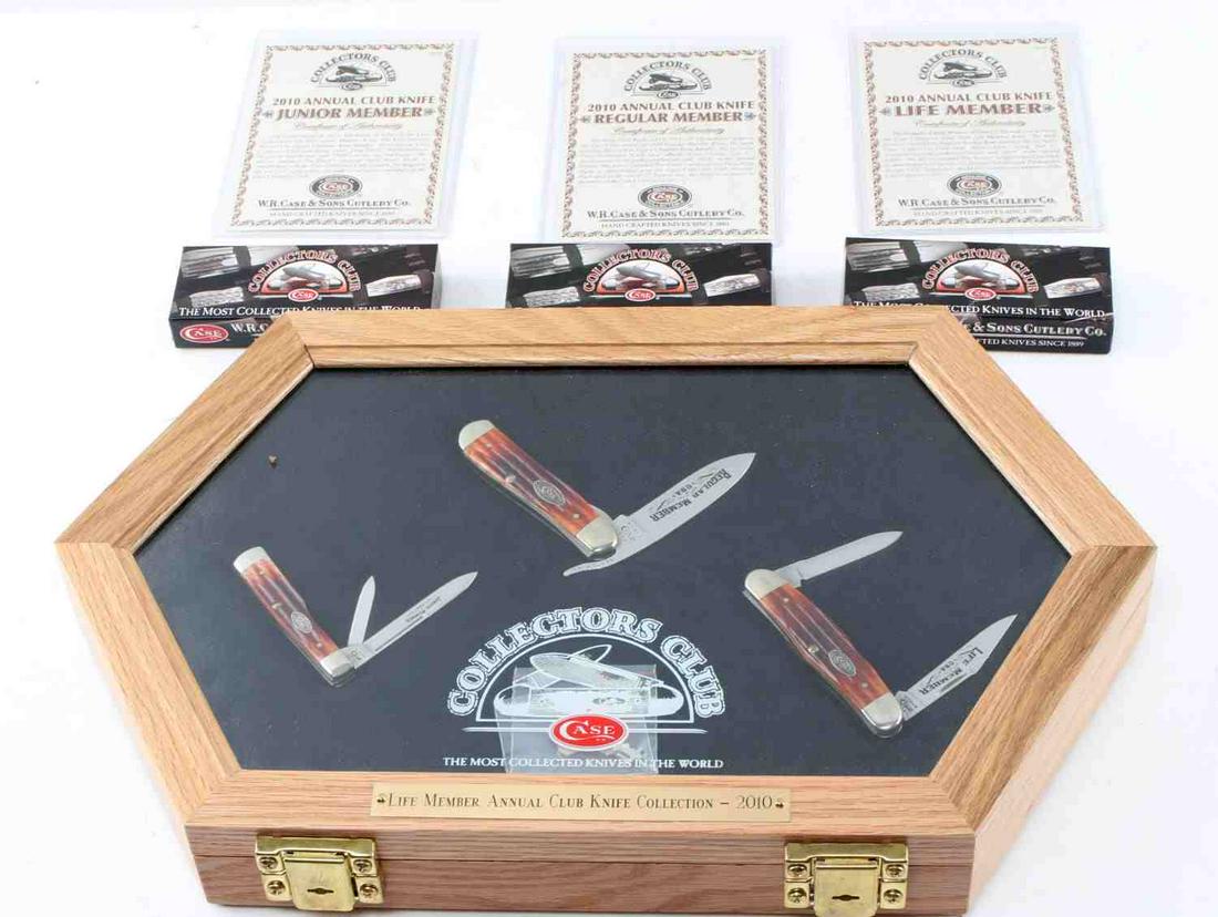 CASE COLLECTORS LIFE MEMBER 2010 3 KNIFE W DISPLAY: Case Collectors Club Lifetime Member 2010 3 pocket knives and display case, also includes original boxes for the knives. Also includes COA for each knife. Lot includes Second Cut Jigged Chestnut Bone