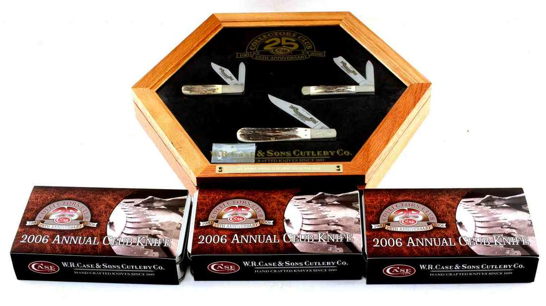 CASE COLLECTORS LIFE MEMBER 2006 3 KNIFE W DISPLAY: Case Collectors Club Lifetime Member 2006 3 pocket knives and display case, also includes original boxes for the knives. Also includes COA for each knife. Lot includes: Stag Barlow #07538, 2.5 inch bl