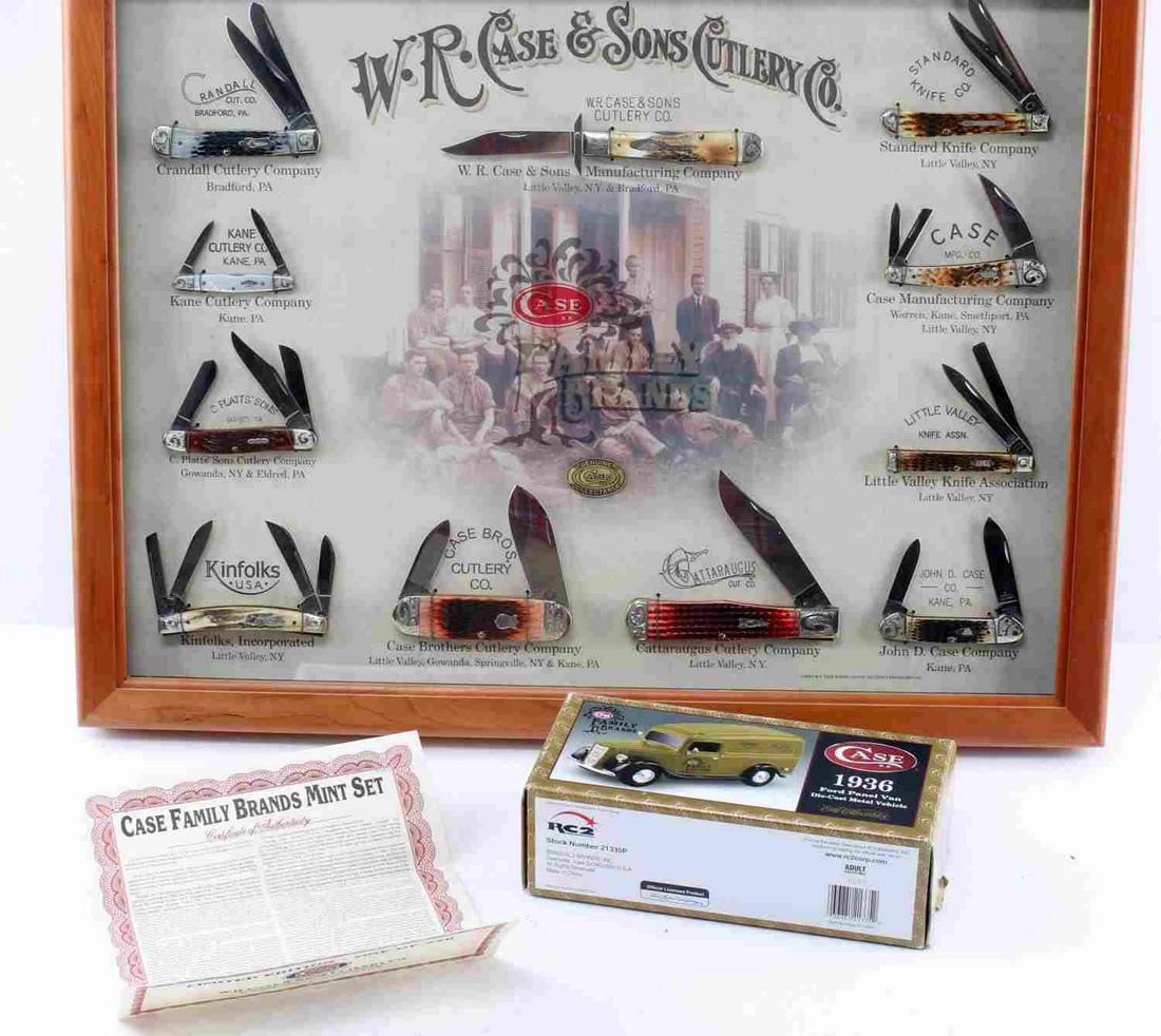 CASE COLLECTOR FAMILY BRANDS DISPLAY 11 KNIFE: Case Family Brands Mint Set contains one knife from each of the eleven Case Family Brands. Also includes original boxes for the knives. Also includes COA for each knife. Lot includes: Platts' Jigged W