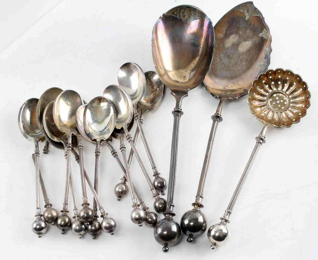 TIFFANY & CO GEORGE B SHARP STERLING 15 PIECE SET: George Sharp for Tiffany & Co. ice cream set consists of serving knife measuring 11 inches, serving spoon measuring 10.5 inches, berry strainer measuring 8 inches, and twelve spoons each measuring 6 i