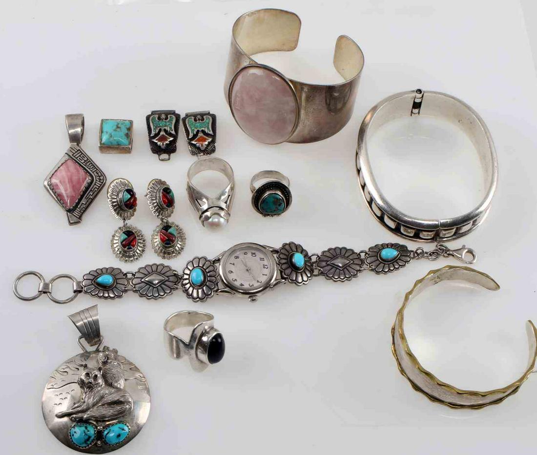NICE LOT OF 12 NATIVE AMERICAN & MEXICAN STERLING: One hinged bangle marked "ATI Mexico." Measures 7 inches. One open bangle marked "CII Mexico." Measures 6.5 inches. One open bangle with large inset oval rose quartz marked "DTR." Measures 6 inches. O