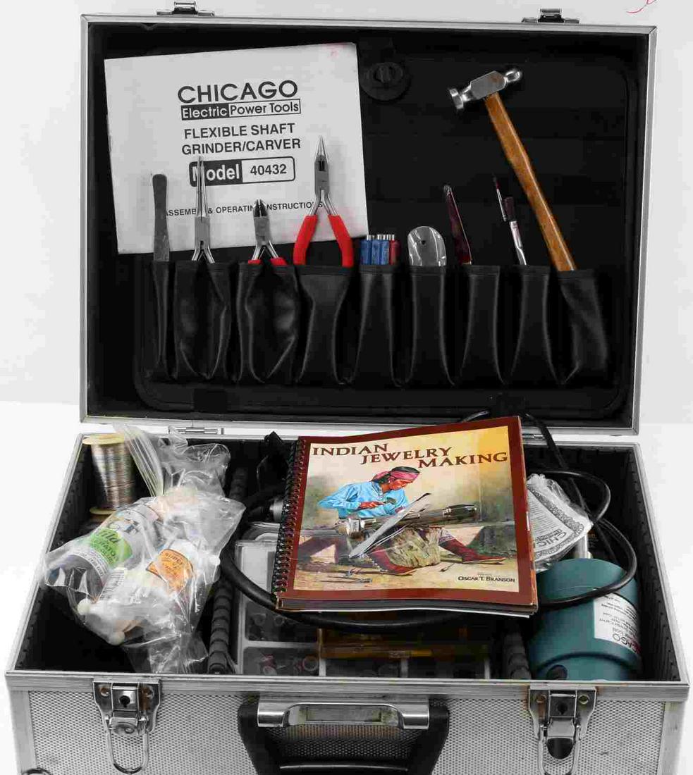 BENCH JEWELERS TOOLS GRINDER SUPPLIES W CASE: Chicago grinder carver with foot pedal, very good original condition, tools, screwdrivers and supplies, with locking case with keys.