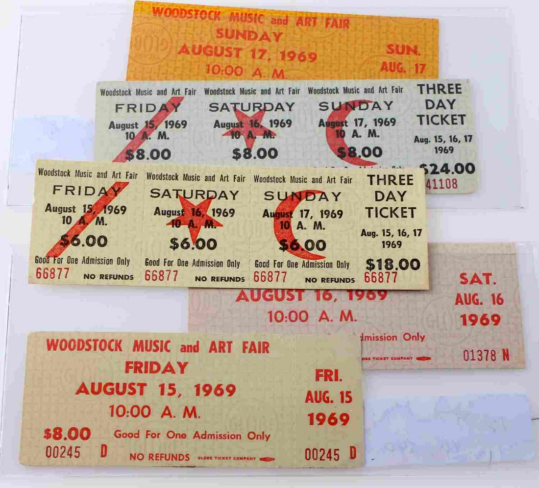 5 1969 WOODSTOCK FESTIVAL UNUSED TICKET LOT SET: Includes the scarce 3 day $24 and $18.00 3 day ticket and Friday, Saturday and Sunday, all unused and very good to near excellent.