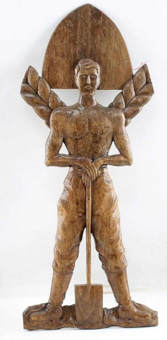 WWII GERMAN TRENCH ART WOOD RAD WORKER: Nice period piece, has some wood worm holes but no other detractions, stands 21 inches.