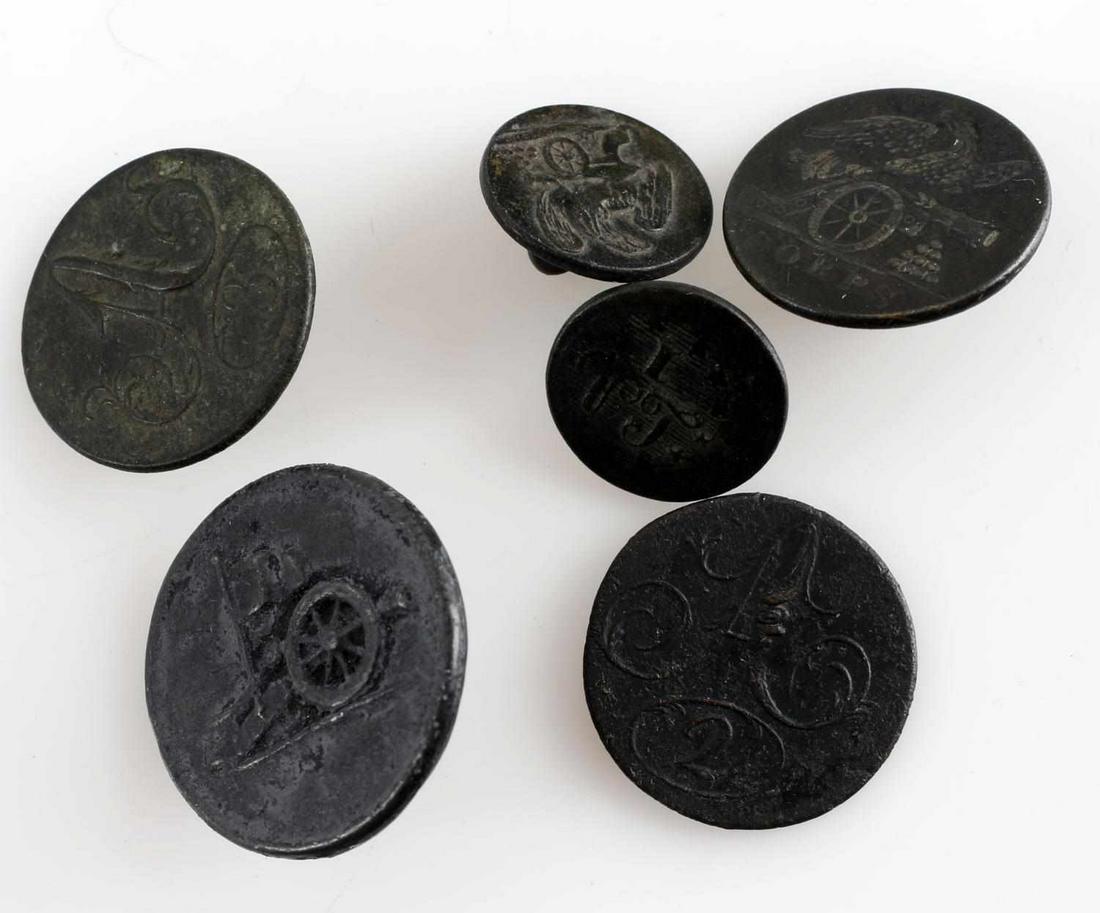 WAR OF 1812 FLORIDA FOUND BUTTON LOT OF 6: Buttons are dug but in dry sandy as told by finder in the late 1970's in Northwest Florida, non pewter, 4 coat and 2 cuff. Includes near excellent Corp button maker marked reverse coat 20 mm, 3rd Arti