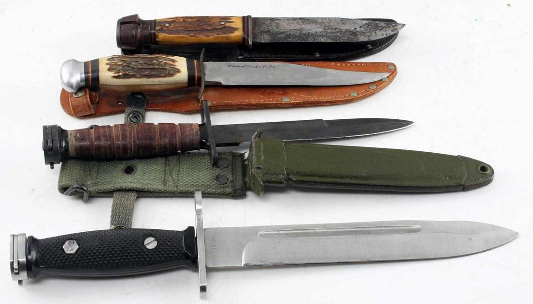 4 VINTAGE KNIFE MULTINATIONAL SOLINGEN KABAR KIFFE: Lot of 4 vintage knives from multiple nations. Not all military, but all made by cutlery that produce military knives. Includes: Japanese M4 Kiffe bayonet; 6.5 inch blade, OD green scabbard; overall v