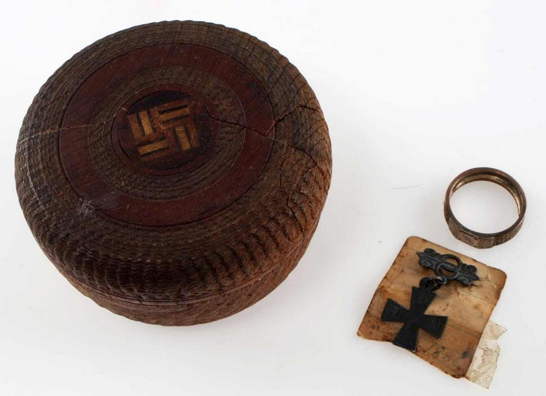 HAND MADE SWASTIKA BOX HITLER YOUTH MOURNING RING: Hand made trinket box with inlay tilted Third Reich swastika, inside a miniature iron cross dated 1886 and a hand made single rune Hitler youth mourning ring with woven human hair thread about the out