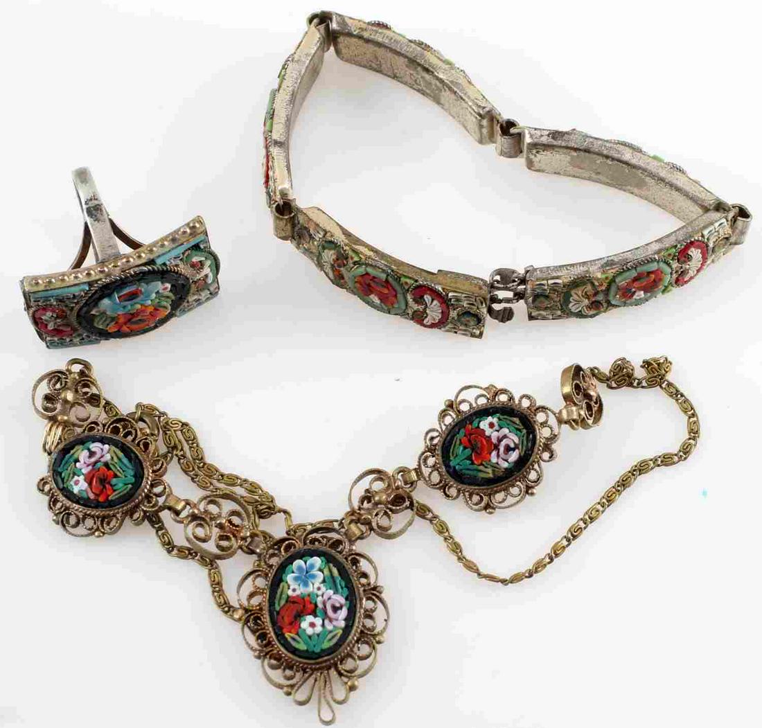 ANTIQUE MOSAIC JEWELRY FABBRICA ANGELO PESSAR: Three Italian antique micro mosaic pieces. Nice Fabbrica Angelo Pessar necklace with micro mosaiced flowers. Measures 17 inches. Unmarked sterling ring. Size 5.5. Bracelet marked "ITALY". Measures 7.5