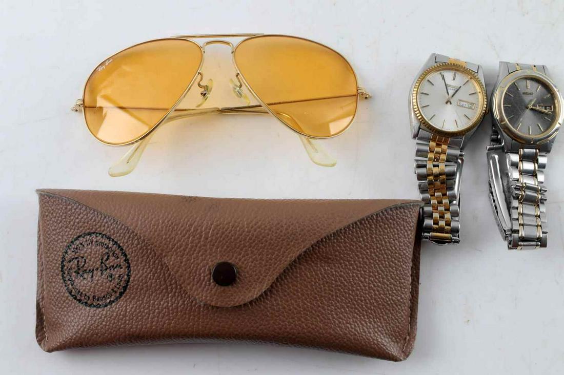 VINTAGE RAY BAN AVIATOR SUNGLASSES & 2 SEIKO WATCH: Glasses have original soft case and paper. 2 Seiko watches. Not working.