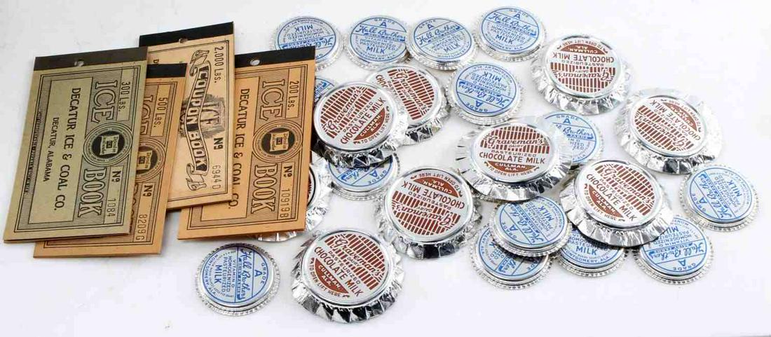 ALABAMA ICE COUPONS AND MILK BOTTLE TOP CAPS: 5 Decatur, Alabama ice block coupon books each full and unissued, and 29 milk bottle unused caps, also Alabama.