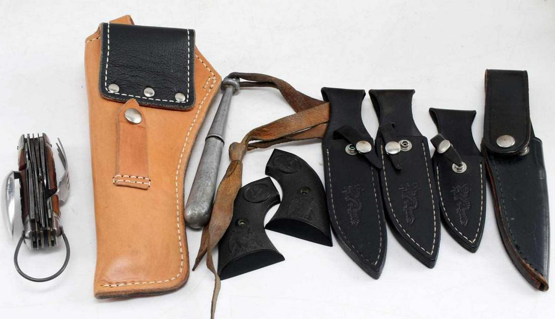 LOT OF KNIFE SHEATHS ONE GUN HOLSTER MULTI TOOL: Lot includes: Schertenleib Great Falls, MT long barrel gun holster, 4 black leather sheaths of different sizes, pair of bakelite Colt eagle grips, 7 inch metal bat, and one stag handle 11-pc multi-pur