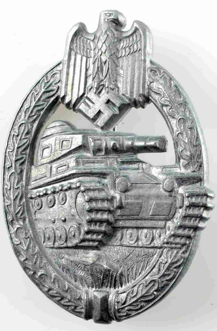 WWII GERMANN THIRD REICH SILVER TANK ASSAULT BADGE: Maker marked HA, Hermann Aurich, thin vertical pin with C clasp. Awarded for 3 combat encounters. Unauthenticated sold as is.