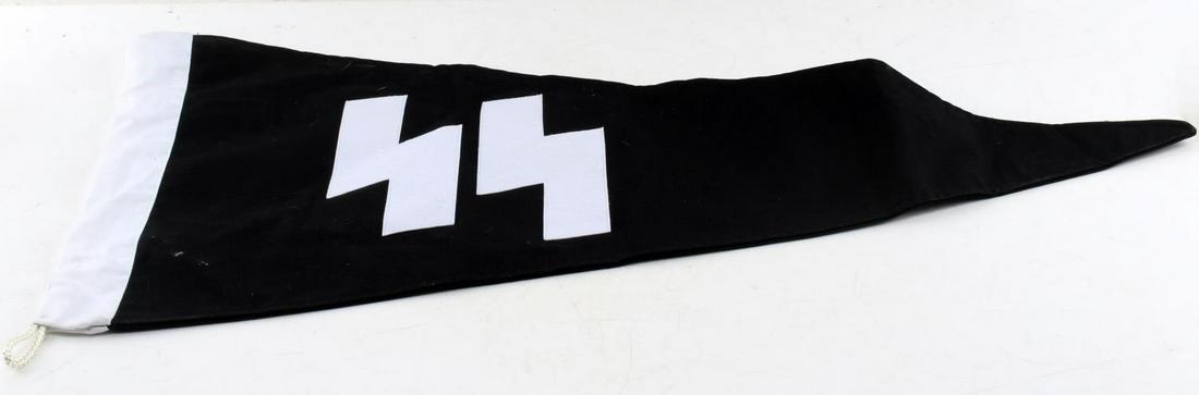 WWII GERMAN THIRD REICH SS VEHICLE PENNANT FLAG: Large SS vehicle pennant. Sewn cloth construction with double sided double S sig runes. Measures 29.5 inches in length. In very good condition. Unauthenticated; sold as is.