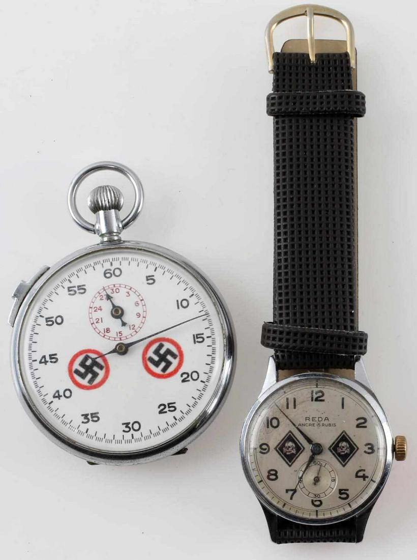 WWII GERMAN THIRD REICH NSDAP POCKET & STOP WATCH: Lot contains two watches from Third Reich Germany. One is a wrist watch manufactured by Reca with two Totenkopf emblems on the face. The other is a stopwatch with two swastika roundels. Both are in ve