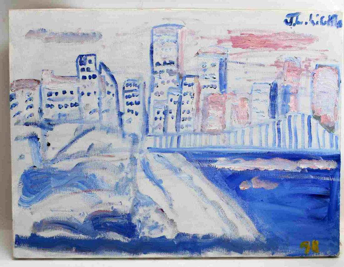 JOE LIGHT MEMPHIS FOLK ARTIST OIL ON CANVAS: Joe Light exhibited among others the New Orleans Museum of Art. Cityscape possible Memphis skyline, very good original condition. Measures 24 by 18 inches.