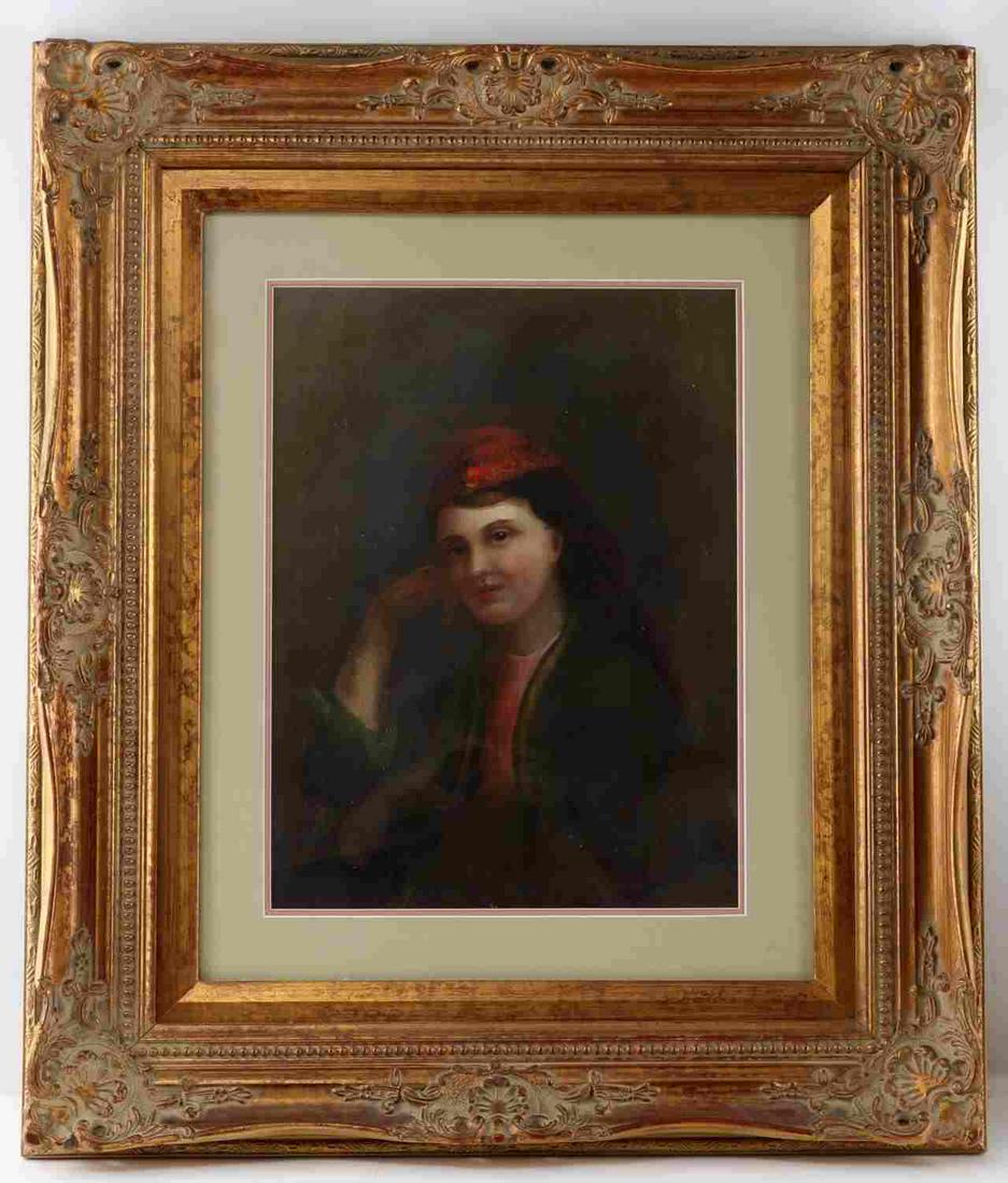 BUST LENGTH OIL PORTRAIT OF WOMAN WEARING RED CAP: The painting is unsigned and undated. Appears to have been painted over top of an advertisement of some sort that can partially be seen through the portrait and advertises a kind of furnishing and dry